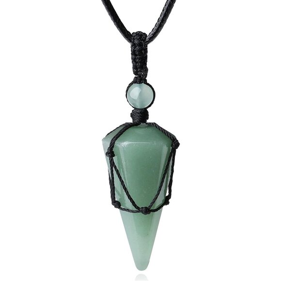 💫Men Green Healing Crystal Stone Pointed Rope Natural Gemstone Pendant Necklace